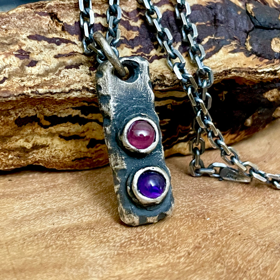 Rustic antique sterling silver bar pendant with your choice of two 4mm round natural gemstone birthstones. Chain Sold separately.