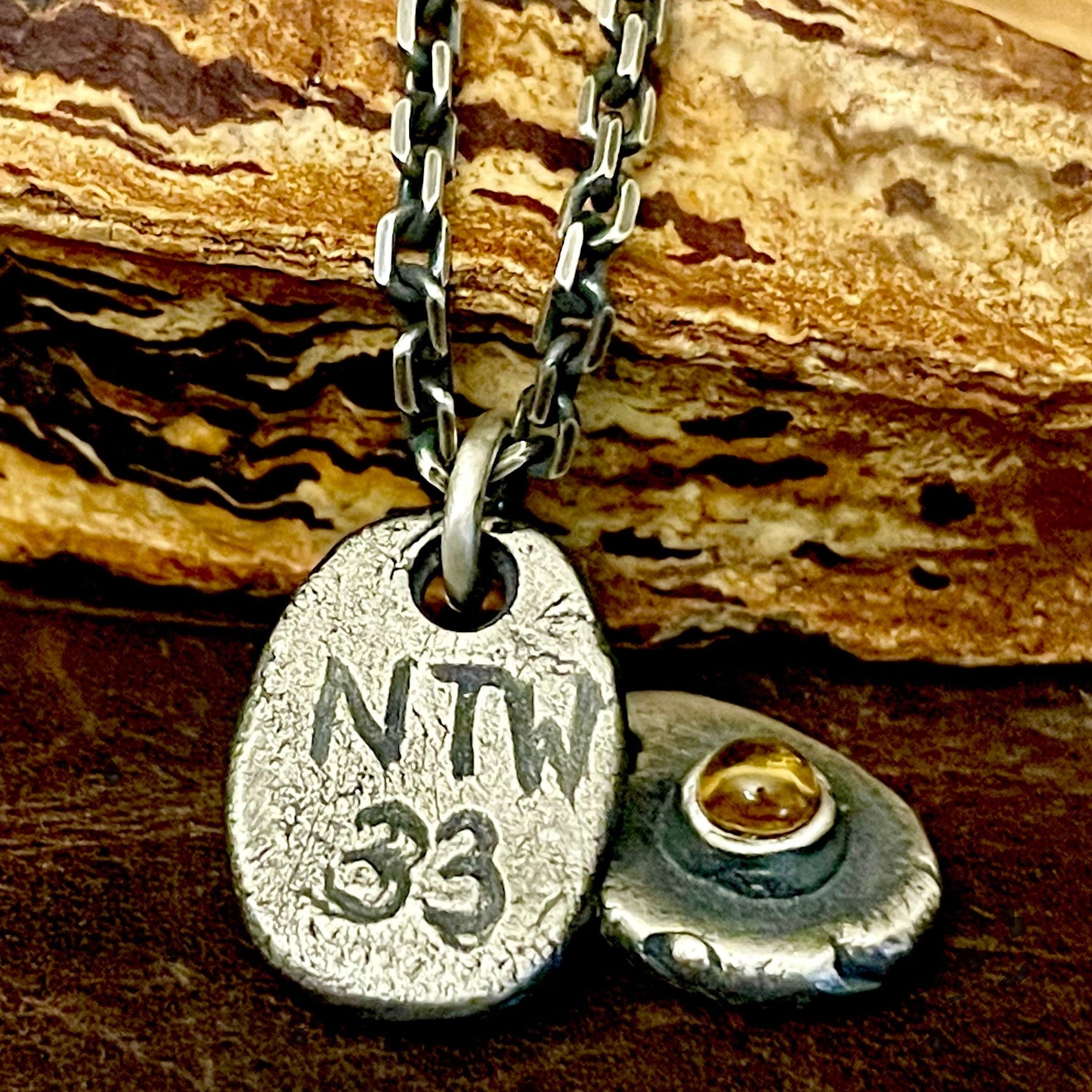 Rustic silver birthstone pendant with initials and number