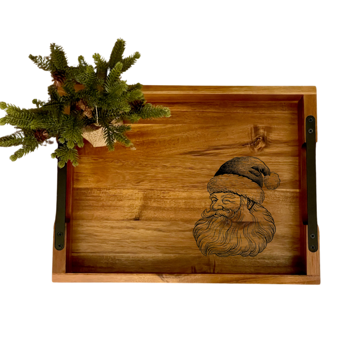 Christmas Serving Tray with Vintage Santa Engraved. Wood with metal Handles. Personalized.