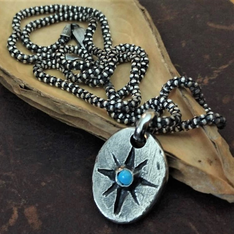 Sterling silver compass necklace with turquoise gemstone hand carved personalized
