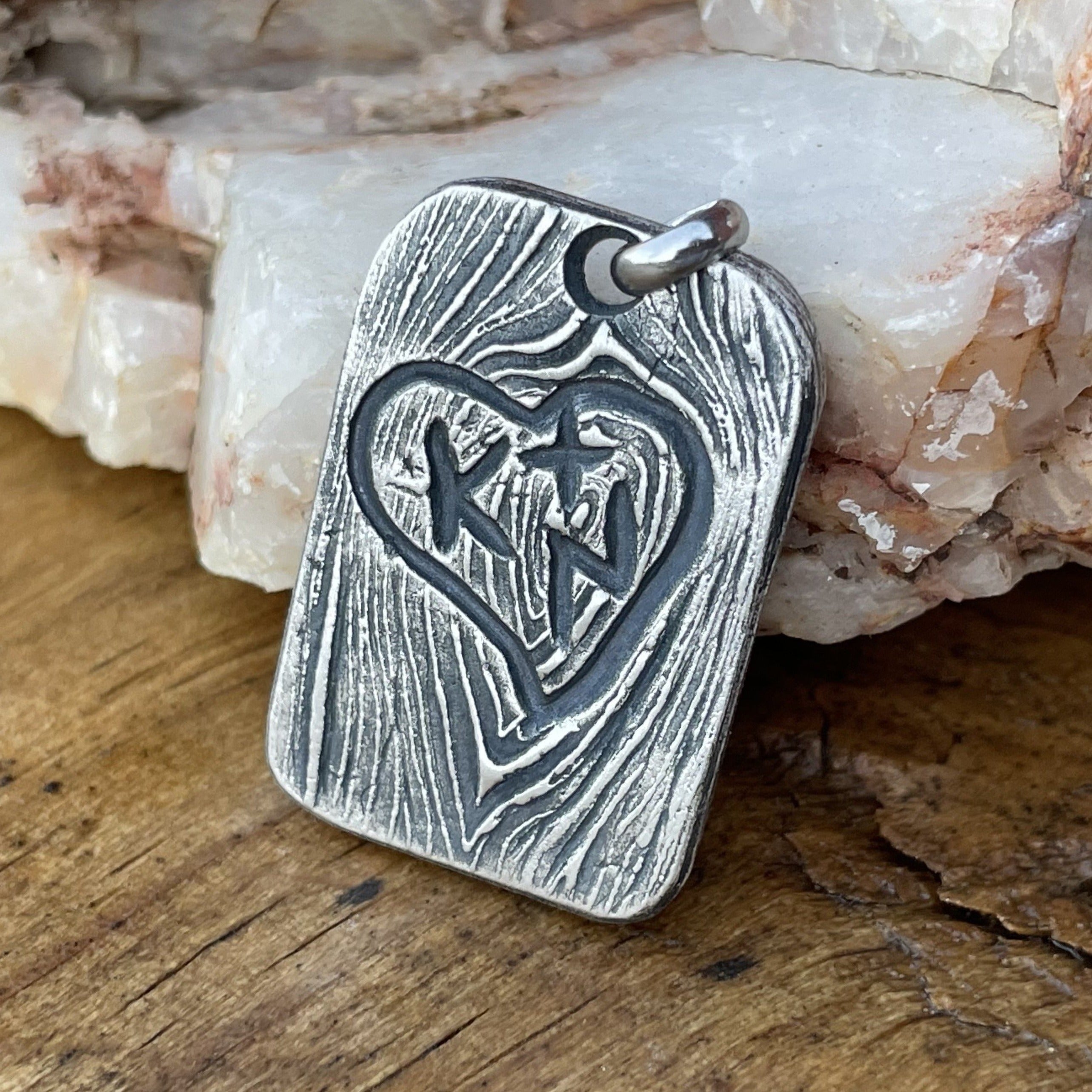 Custom Rustic Antique Silver Tree Bark Pendant personalized with hand carved initials inside heart