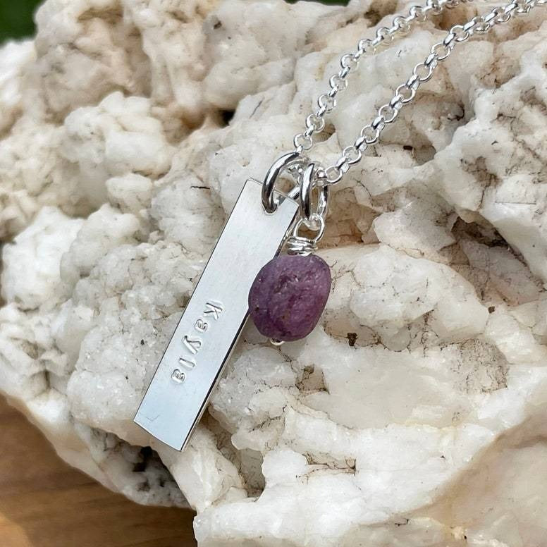 Personalized Sterling Silver Bar Necklace with Natural Birthstones | Name Necklace