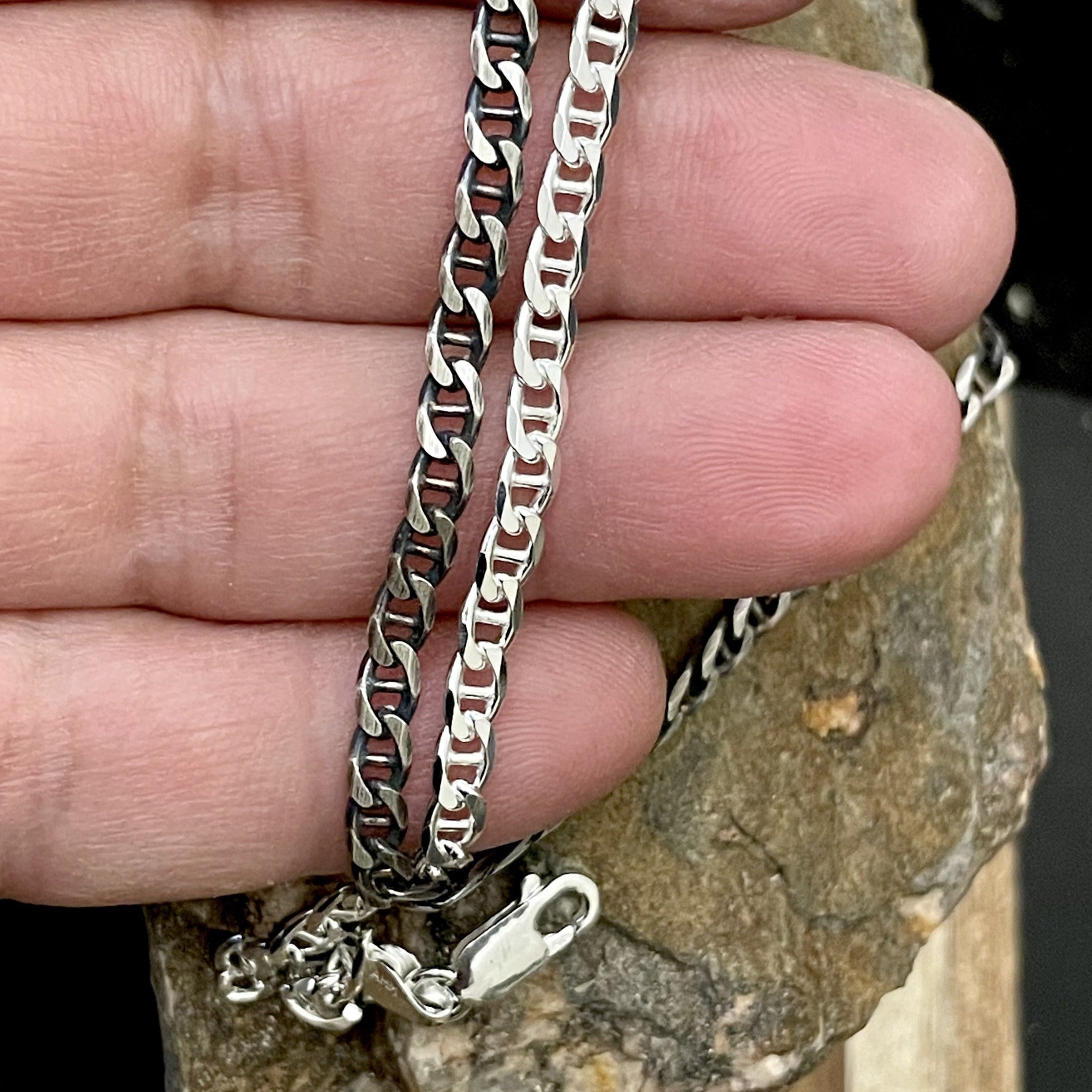 4mm mens silver chain marina link oxidized or polished shown in hand