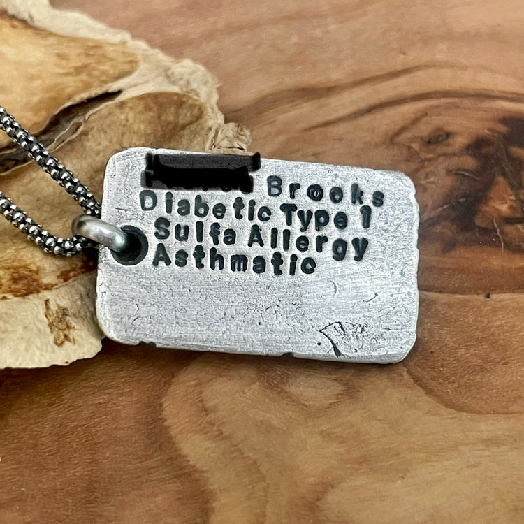 allergy alert tag back side personalized example on sterling silver pendant with sterling silver chain.