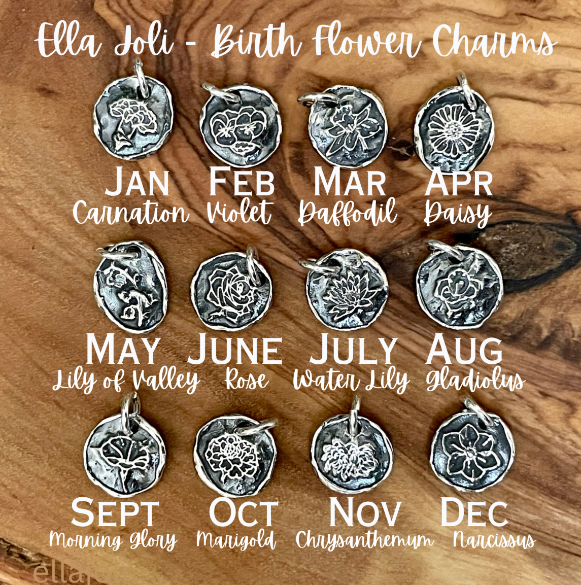 Collection of silver birth flower charms on a wooden surface with corresponding months and flowers.
