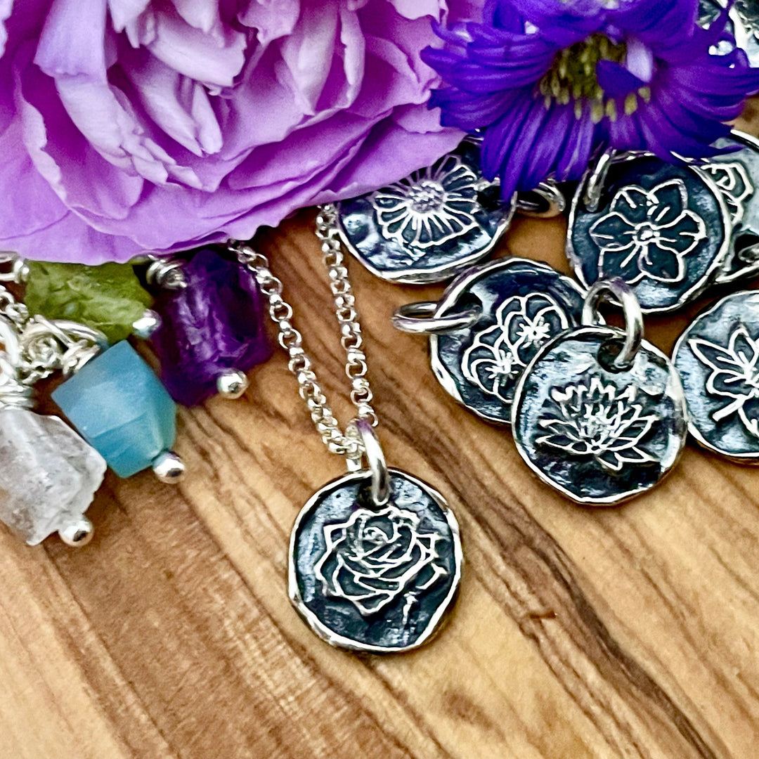 Birth Month Flower Necklace with Natural Birthstones Sterling SIlver handmade on wood background 