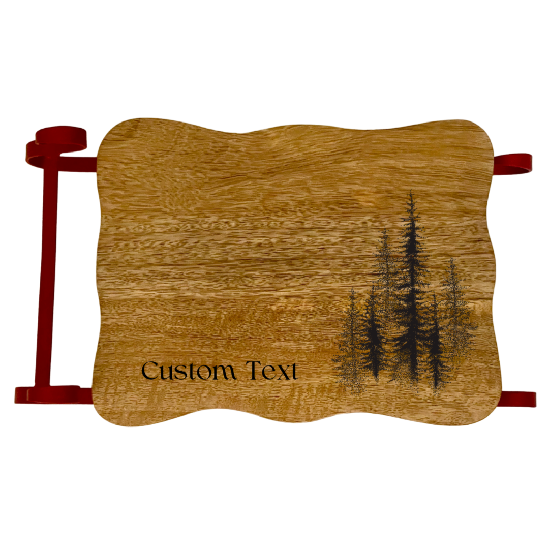 Pine tree Serving Board on Sled or Sleigh Tray. Engraved and personalized Christmas Decor.