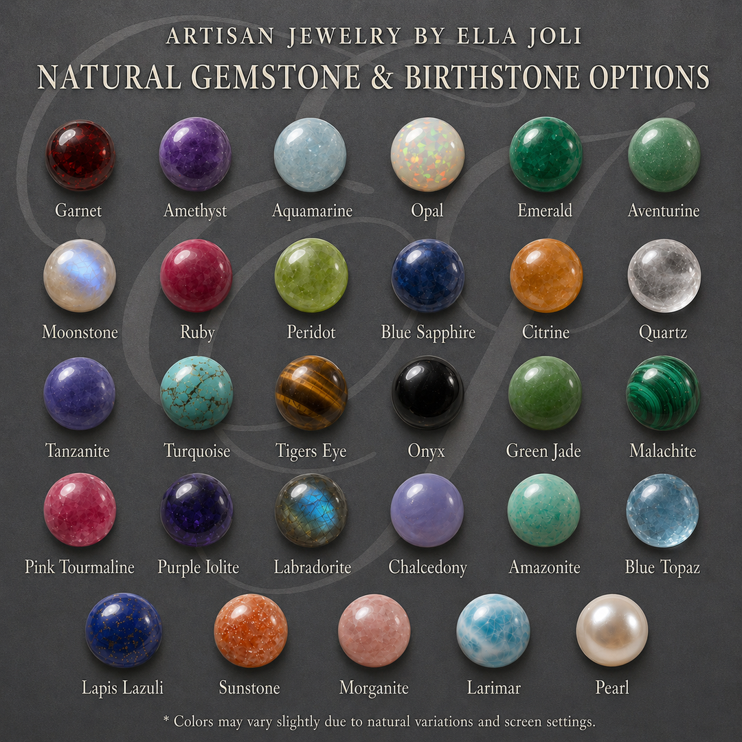 Chart of natural gemstones and birthstones with corresponding names on a dark background. Ella Joli