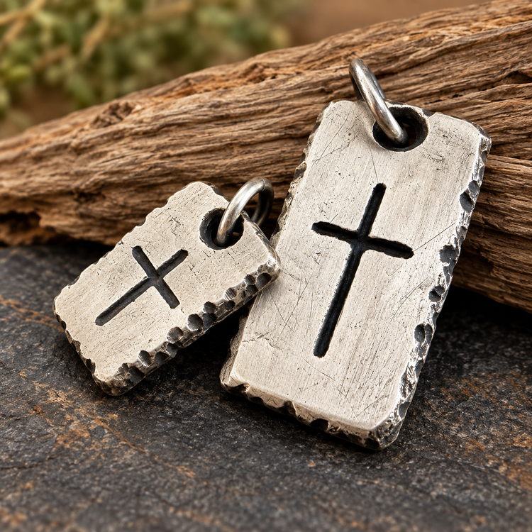 Two rectangular 999 fine silver oxidized metal pendants with hand engraved crosses, shown on a dark textured surface with a piece of driftwood in the background. Handmade men's fine silver cross pendants with rustic hand carved edges