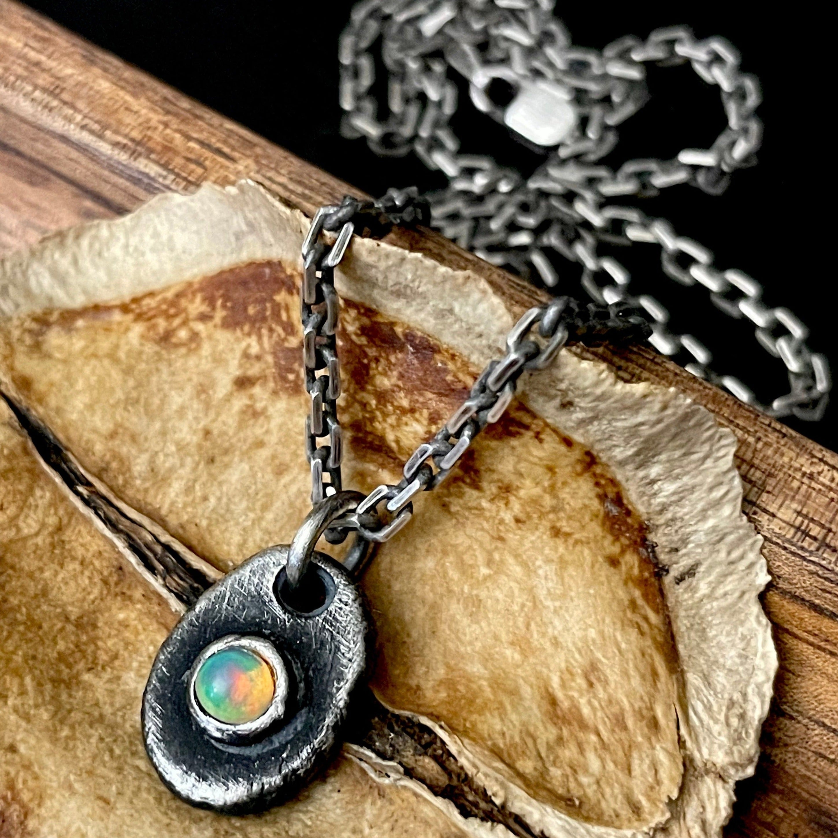 Mens Opal Necklace Oxidized Sterling Silver
