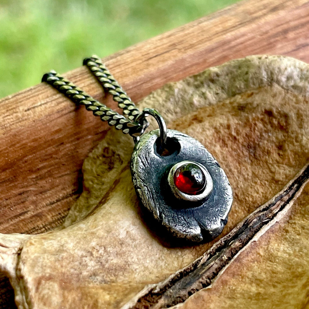 Garnet Pendant Necklace for Men in Rustic Oxidized Sterling Silver, January birthstone jewelry