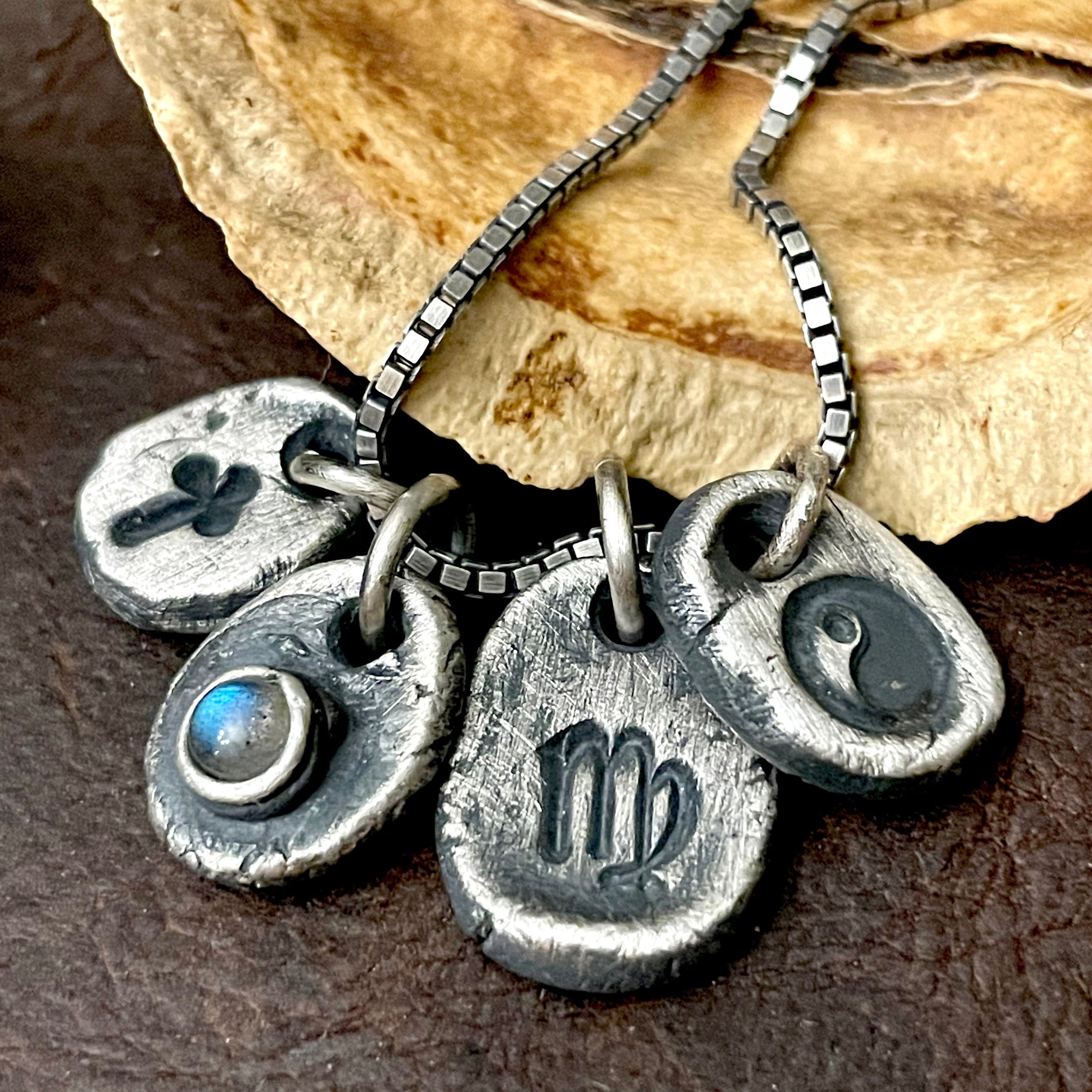 Mens Silver Necklace Charms Rustic Boho Modern 