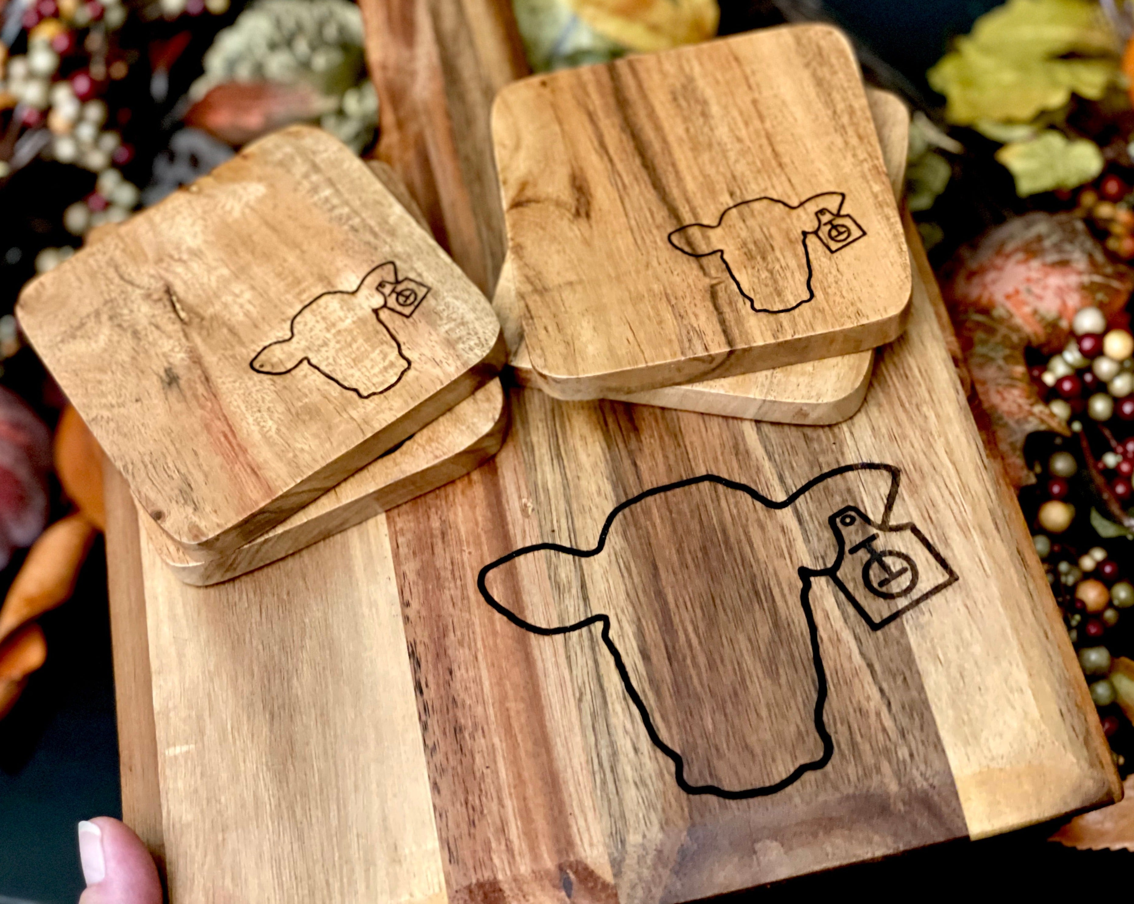Custom Cow Tag Cutting Board Or Charcuterie Board Gift Set with Cow Tag Coasters, Engraved Wood