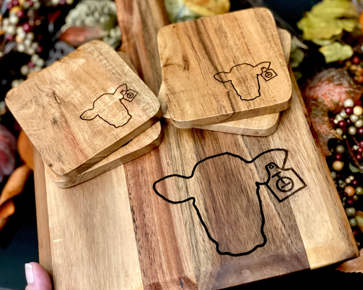 Custom Cow Tag Cutting Board Or Charcuterie Board Gift Set with Cow Tag Coasters, Engraved Wood