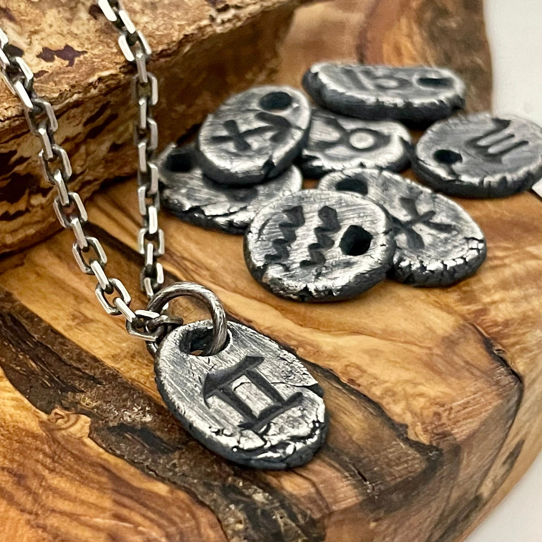 Small thick oxidized silver zodiac sign pendant or charm necklace for men. Rustic and Distressed 