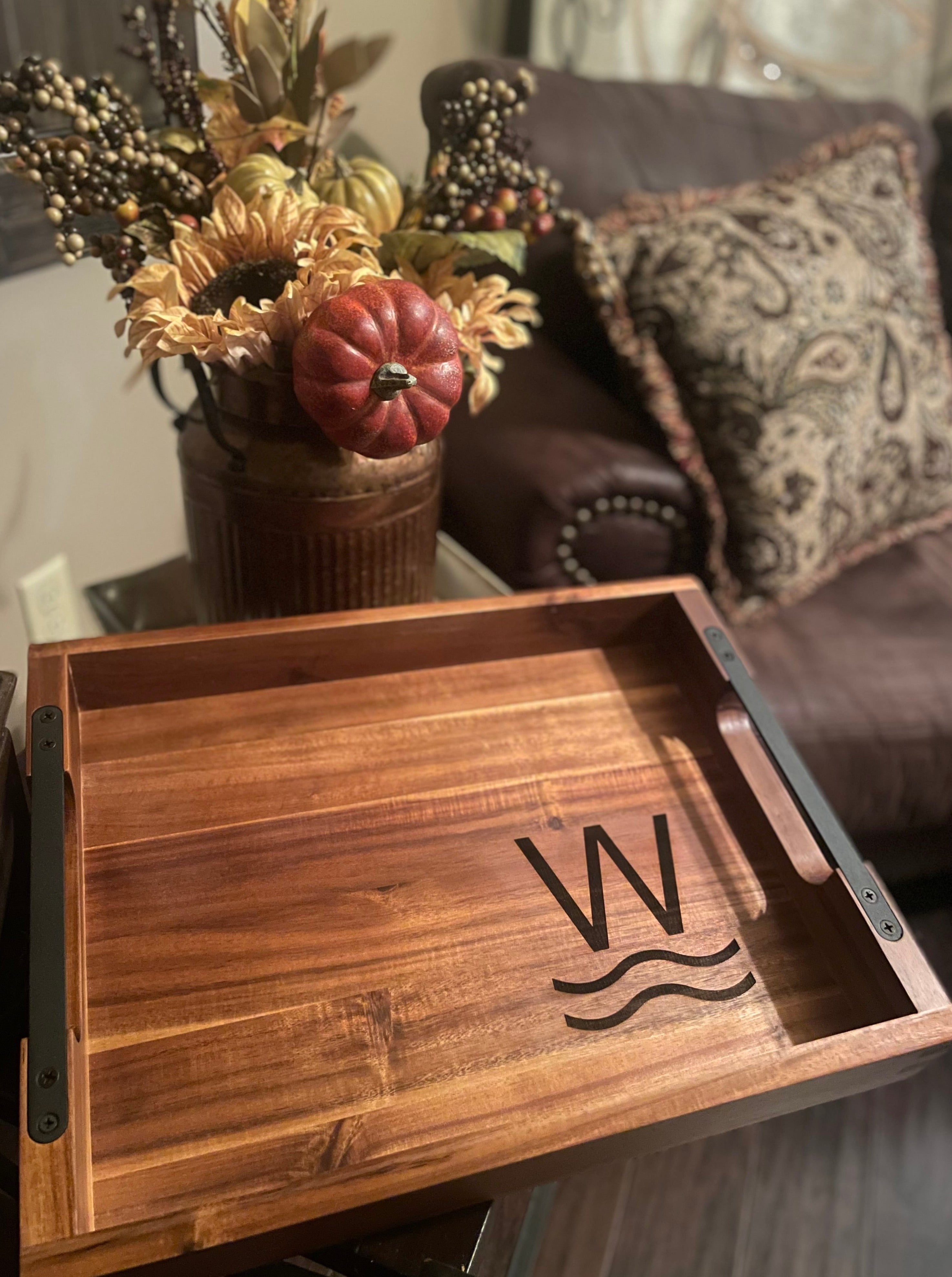 Decorative wooden tray engraved with ranch brand or business logo. Wood with Metal Handles