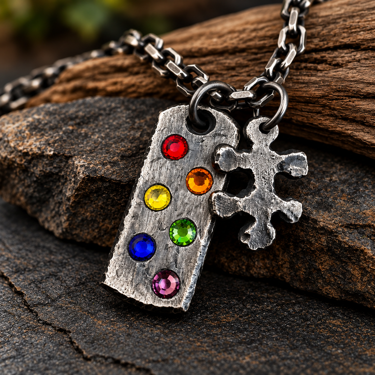 A close-up of a rustic fine silver pendant necklace resting on dark wood. The pendant is a weathered rectangular tag with six colorful faceted rainbow gemstones in red, orange, yellow, green, blue, and purple, alongside a matching silver puzzle piece charm. 
