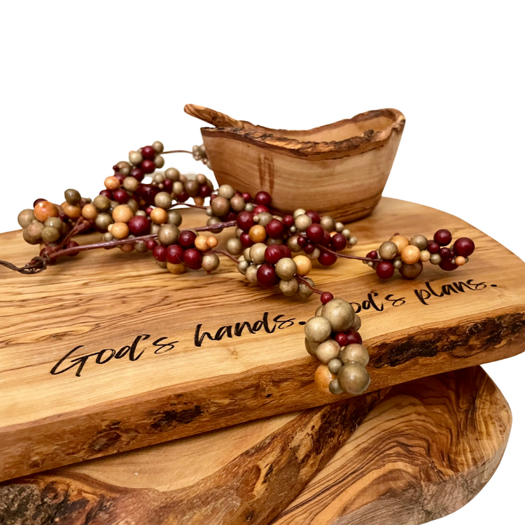 Rustic Luxurious Olivewood cutting board, charcuterie board, serving tray or platter engraved with your personalized text or logo. Shown with matching bowl and spoon. 
