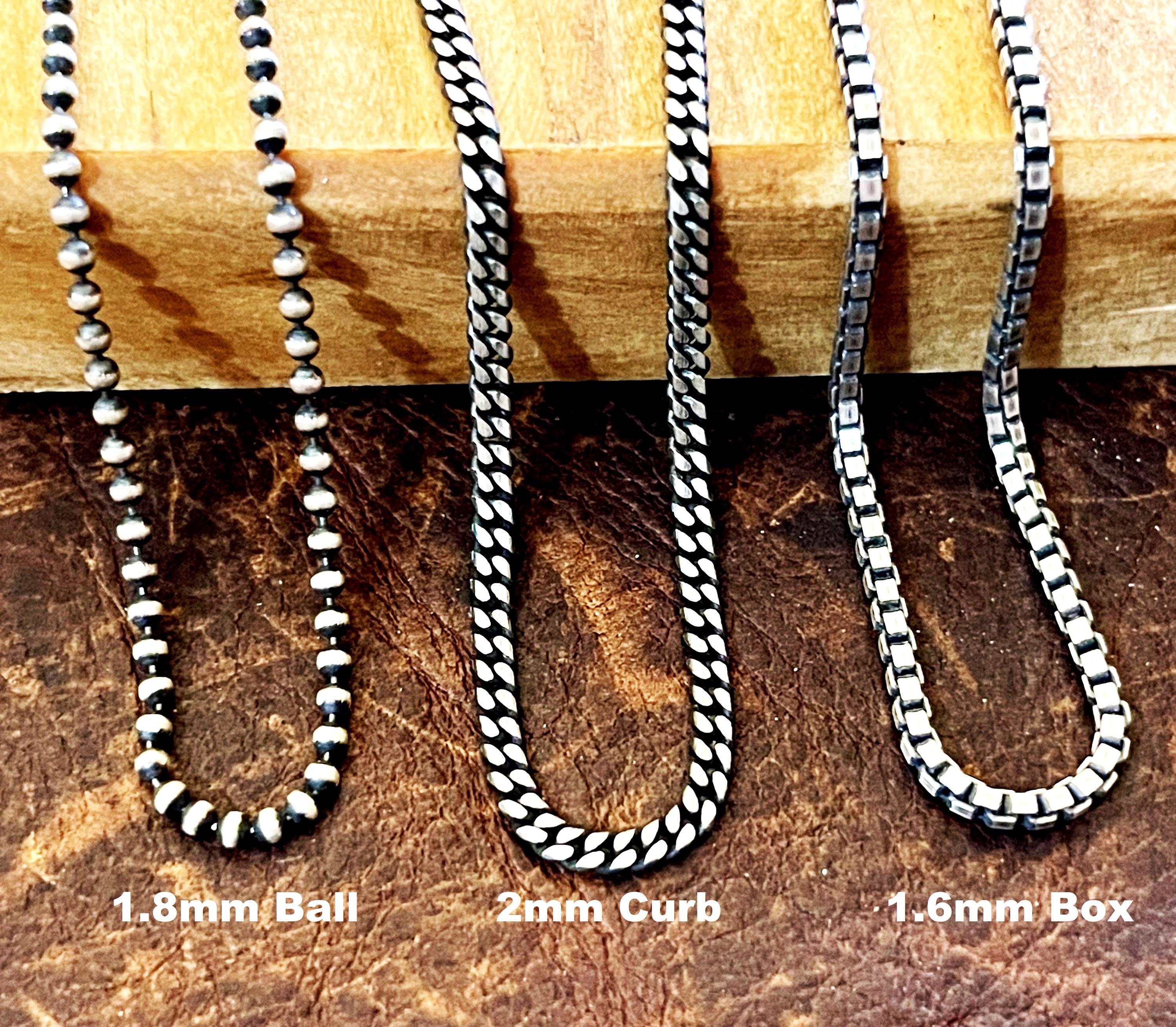 Choice of three sterling silver chains on wood background. Text reads 1.8mm ball, 2mm curb and 1.6mm box.  By Ella Joli