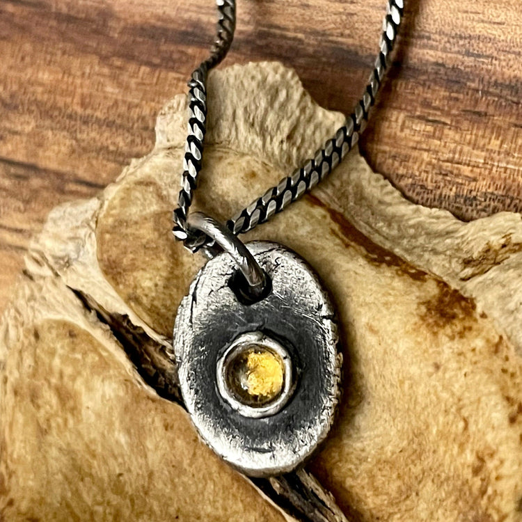 Rustic Sterling Silver Citrine Pendant Necklace for Men handmade birthstone jewelry on wood surface