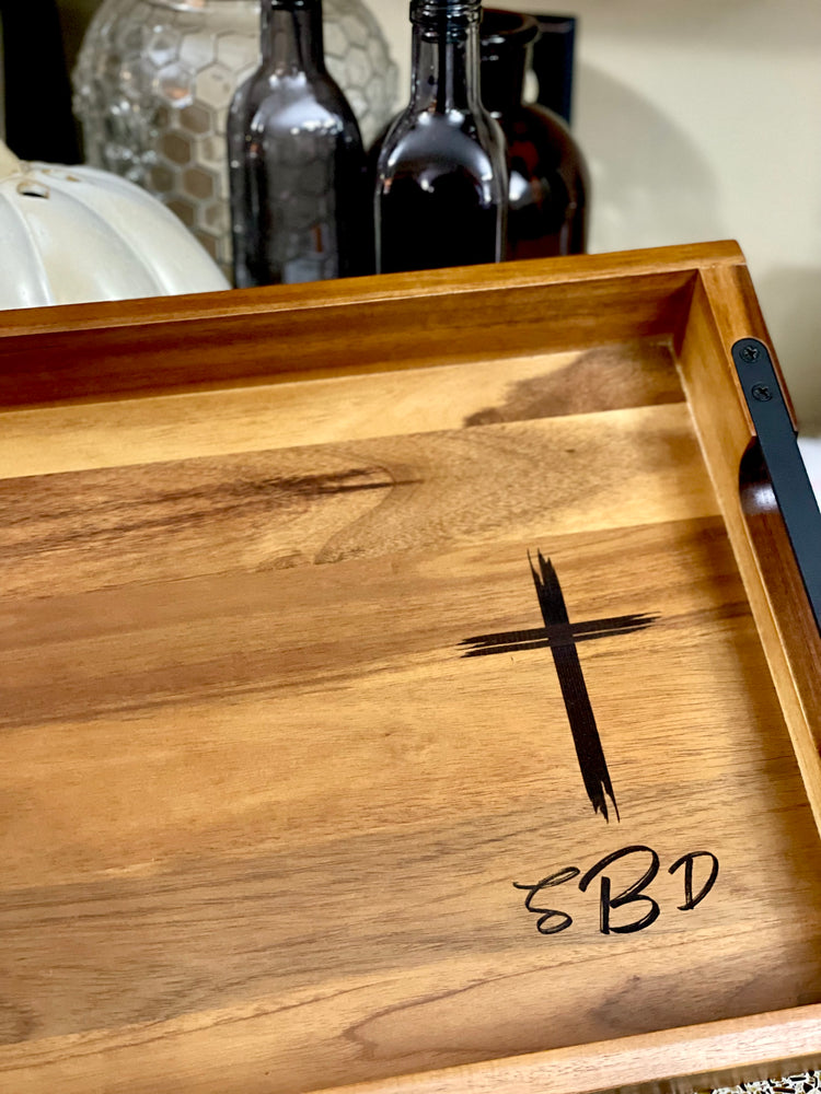 Wood and metal tray with cross and initials