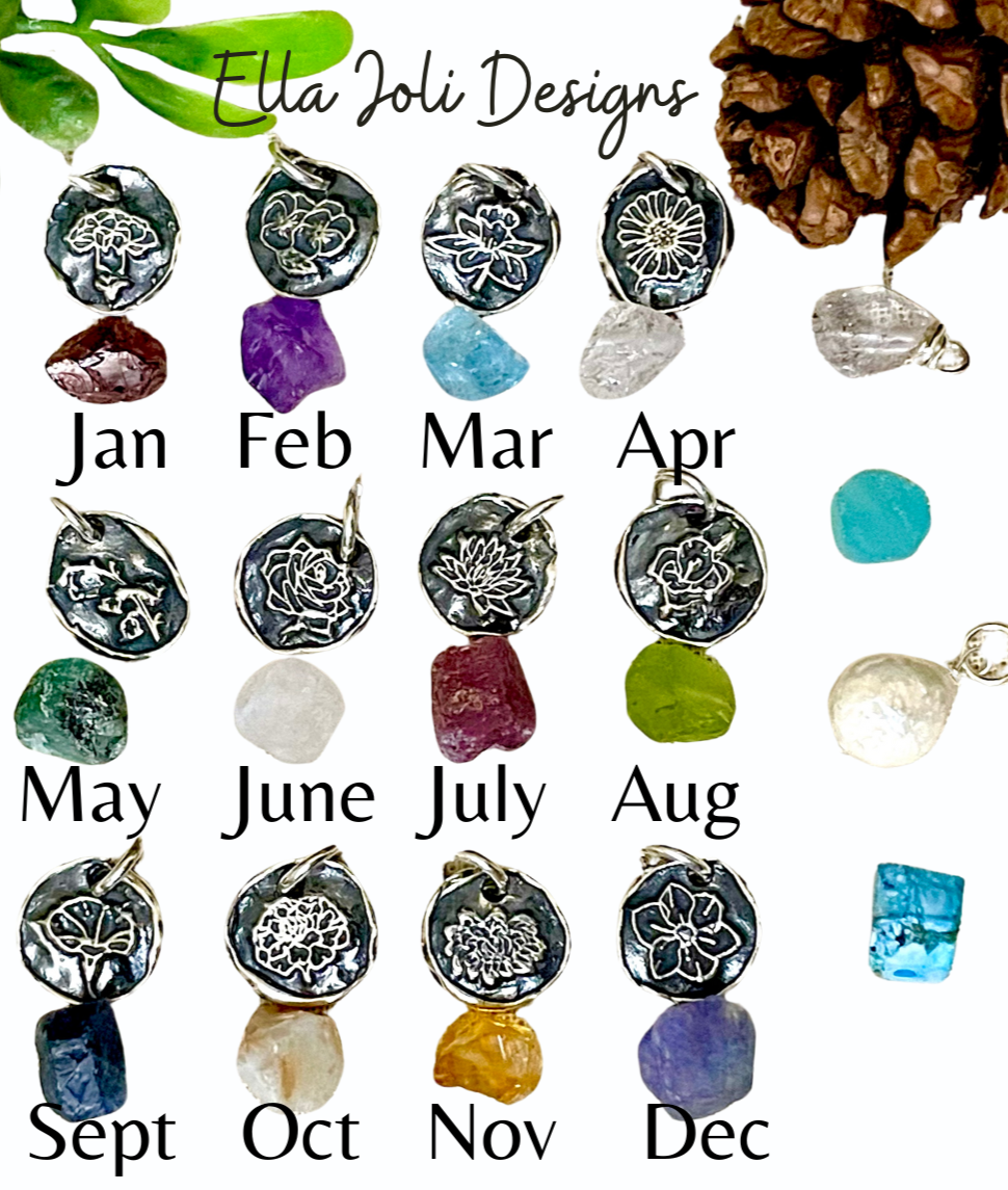 Collection of jewelry pendants with corresponding months for each, branded 'Ella Joli Designs'.