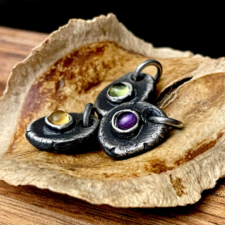 Mens Gemstone Pendants set in thick solid oxidized sterling silver hand crafted by designer Ella Joli