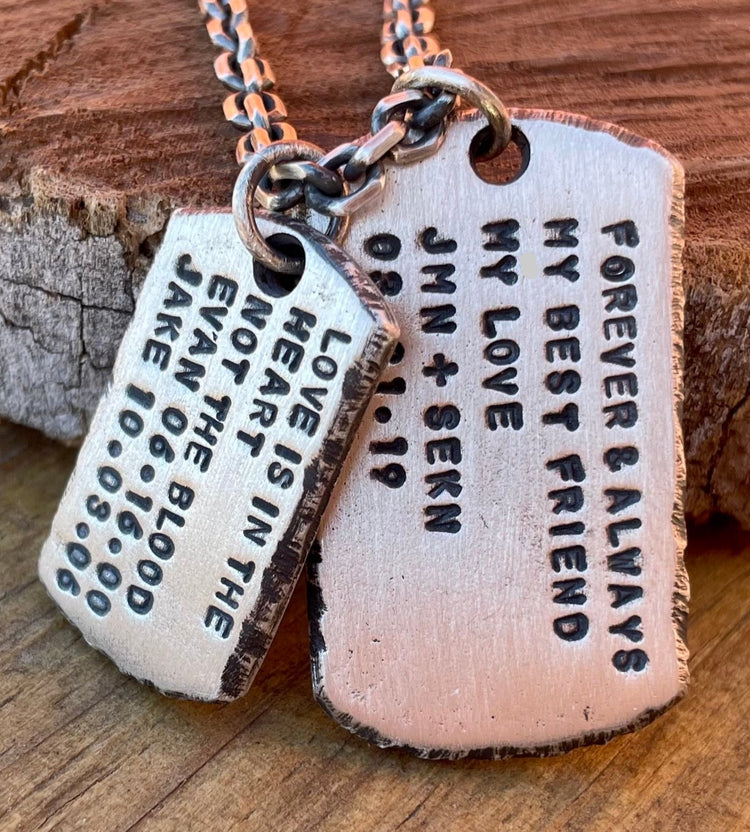 Mens Dog Tags Customized with Hand Struck Text on Solid Sterling Silver Pendant. Choose Your Size. Hand forged. Wood background. 