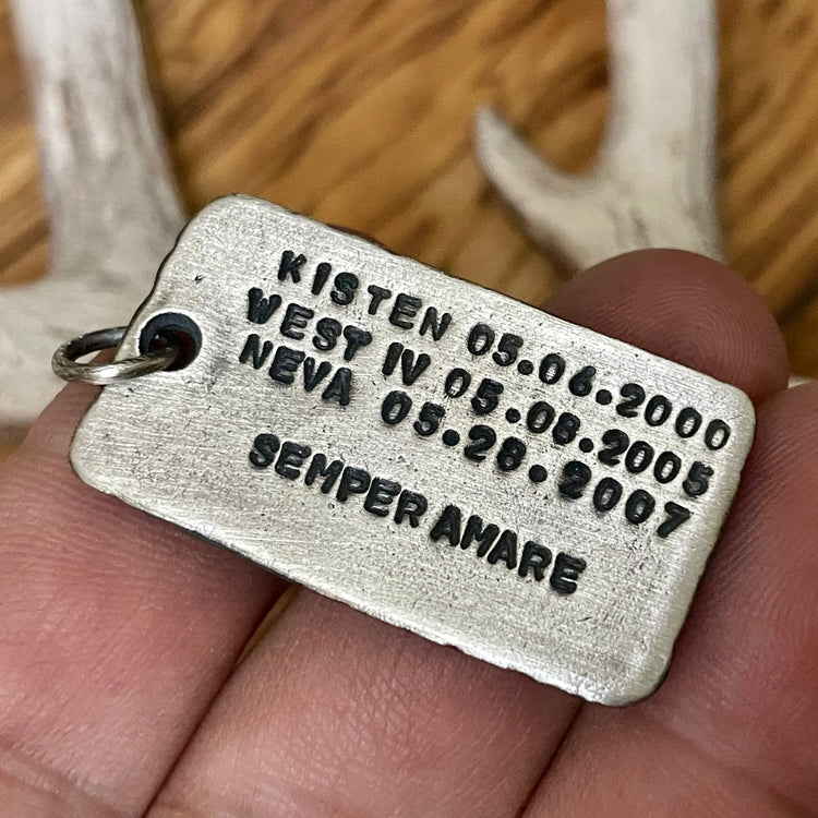 Example of personalized back side of our men's thick and chunky silver pendants. Names and dates with a special quote shown. 