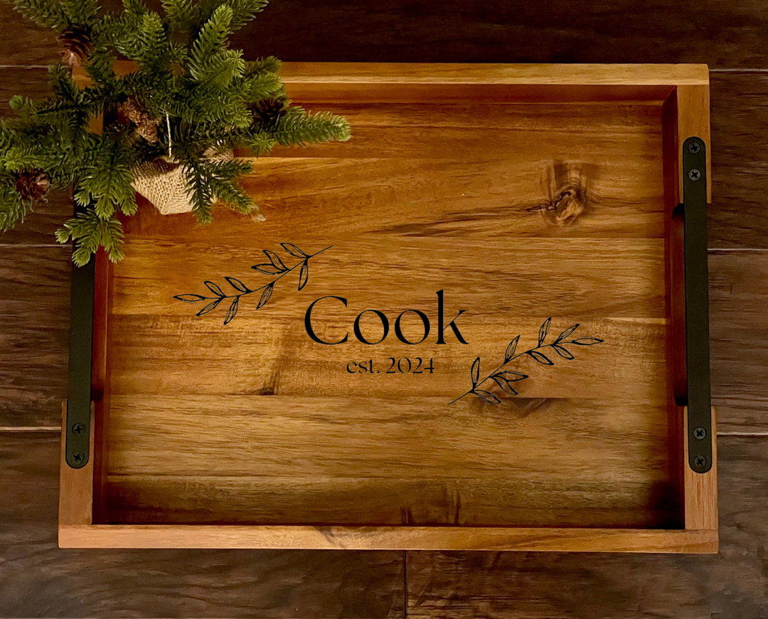 Personalized Wood Tray for New home, Couples, Wedding Gift. Engraved rectangle wood tray with metal handles. 
