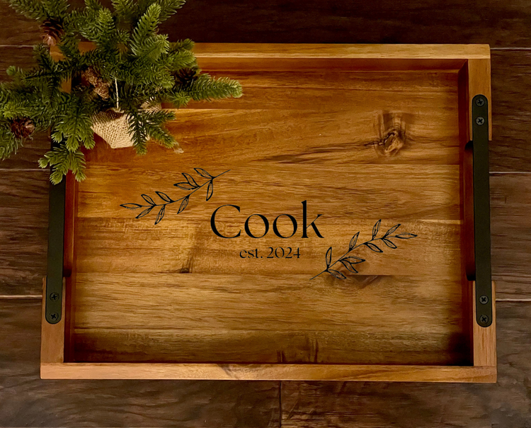 Personalized Wood Tray for New home, Couples, Wedding Gift. Engraved rectangle wood tray with metal handles. 