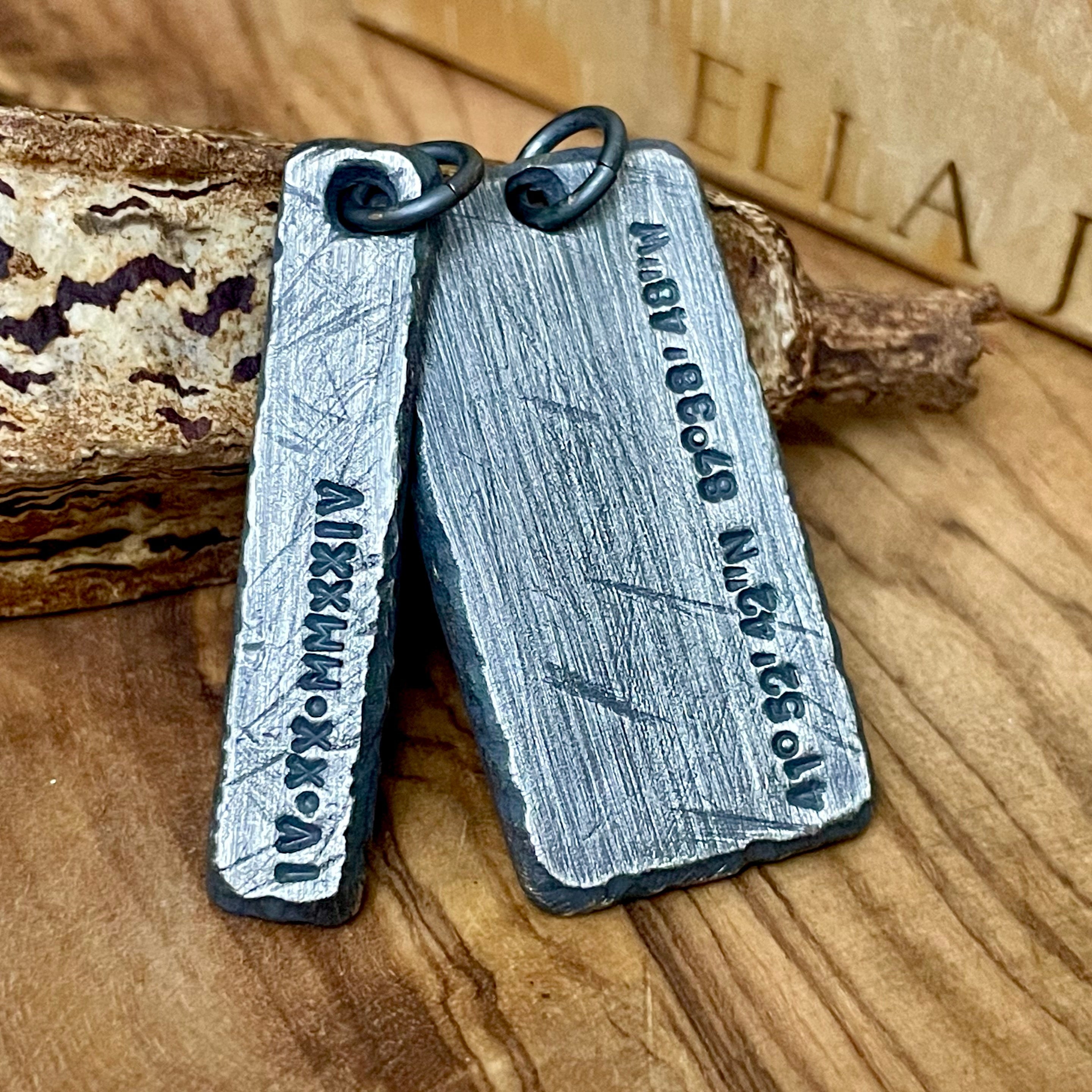 Antique Sterling silver large tag and long bar pendants personalized engraved your way. Shown with Roman Numerals and GPS Location Coordinates. Textured, rough chunky design with black oxidized color