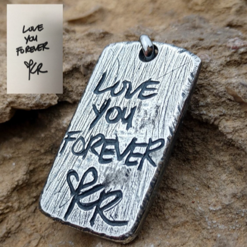 your custom hand writing carved onto a thick solid sterling silver pendant. This pendant says Love you Forever and actual  handwriting for duplication is shown on left upper corner. Handcrafted By Ella Joli