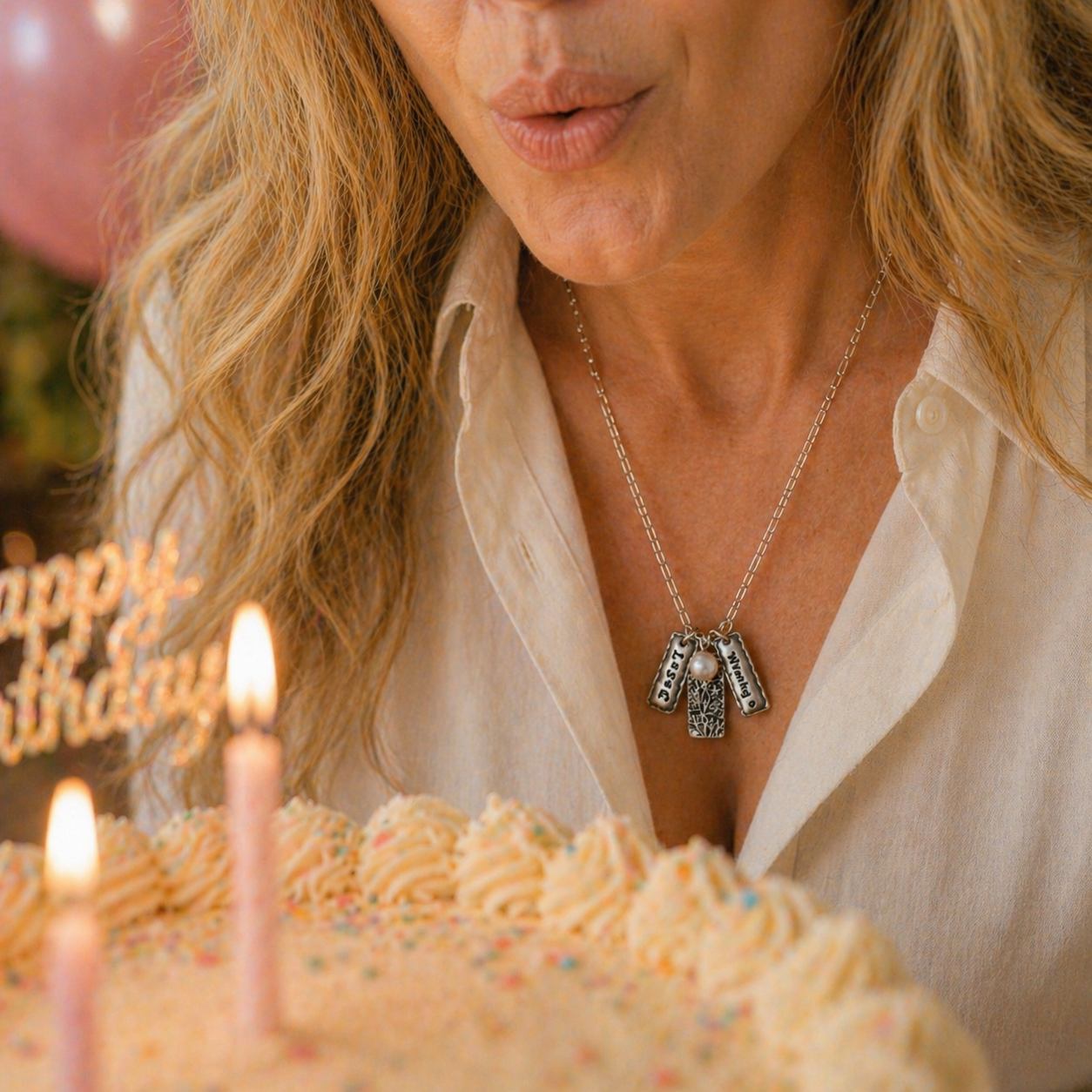 Woman blowing out candles on a birthday cake with a necklace featuring three personalized charms and flower pendant with birthstones.