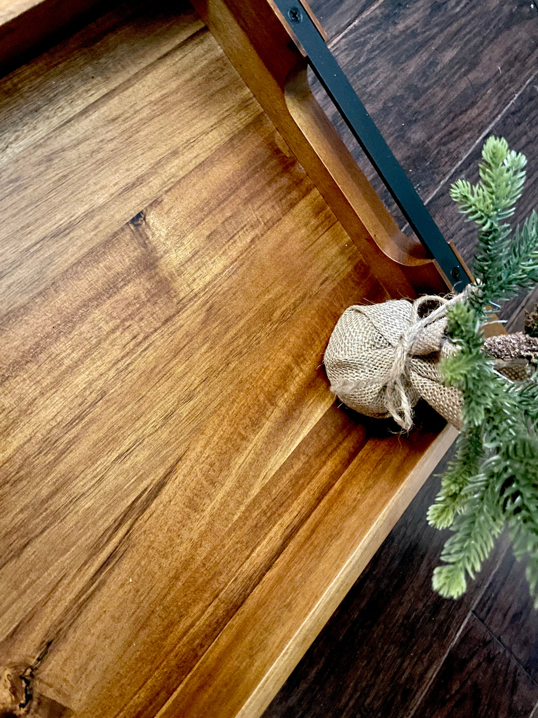 Wood Tray with Black metal handles. 