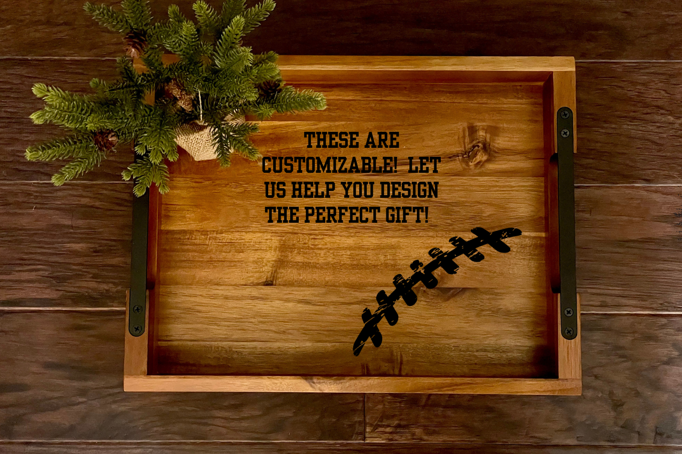 Wood and metal serving or ottoman tray with custom football engraving on wood background