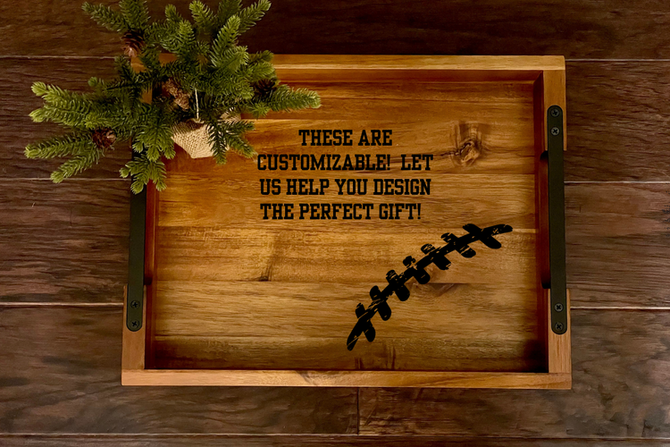 Wood and metal serving or ottoman tray with custom football engraving on wood background