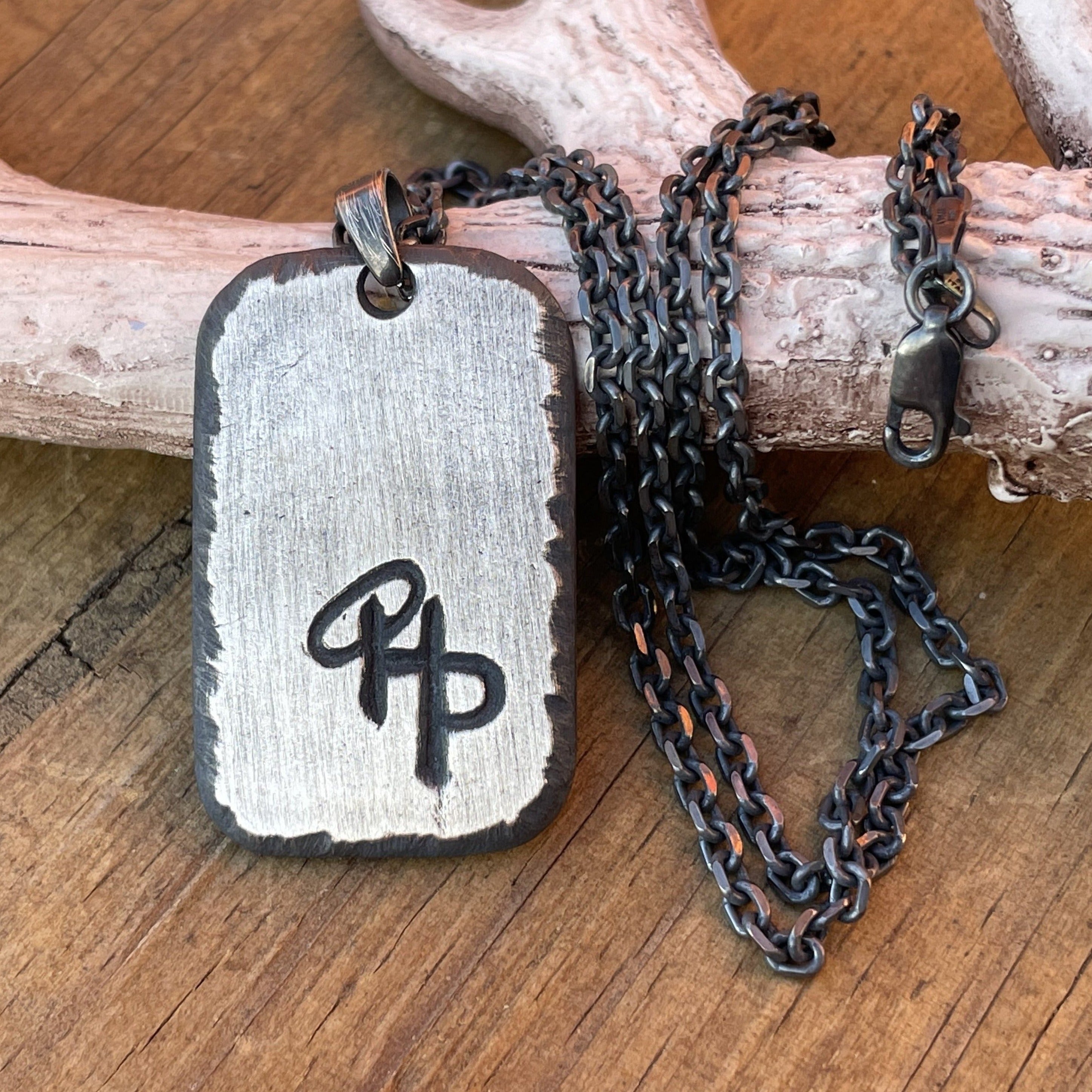 Custom Silver Ranch Brand Pendant for Men.  1.5 inch shown in rustic matte finish with chain upgrade and halo, mashed o, goose egg.. 