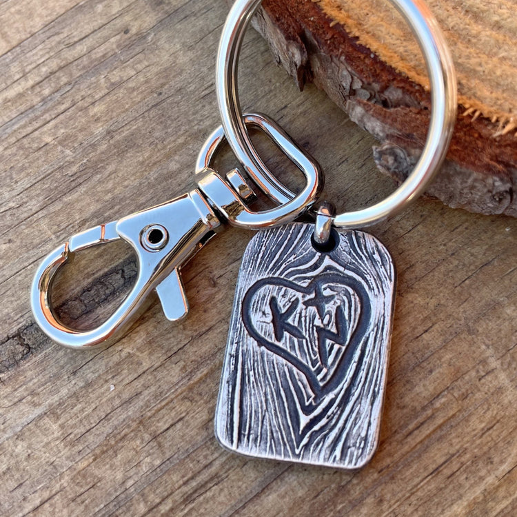 Custom Luxury Silver Hand Forged Keychain with Initials in Tree Bark Design