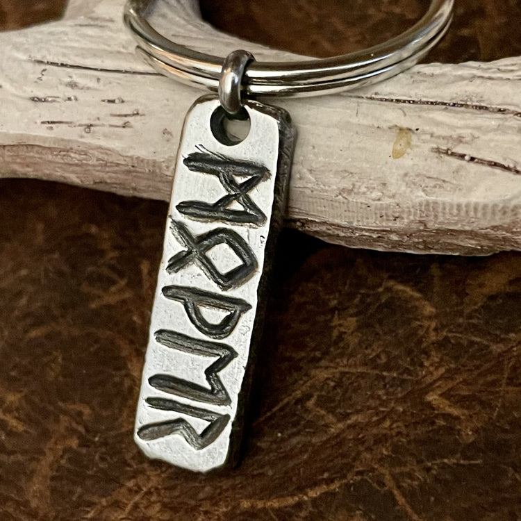 Custom Viking Keychain in hand forged, heavy, oxidized sterling silver