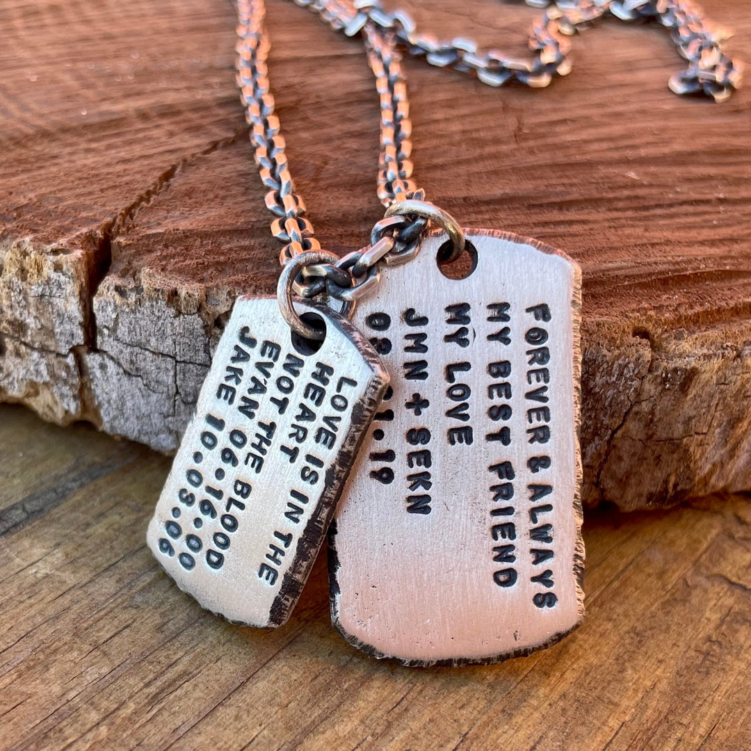 Men's Heavy Silver Custom Dog Tag Pendant Necklace, hand carved, engraved with hand struck text. Personalized Dogtags for Him