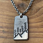 Mountain Scene Necklace Pendant in Rustic, Hand Forged Sterling Silver