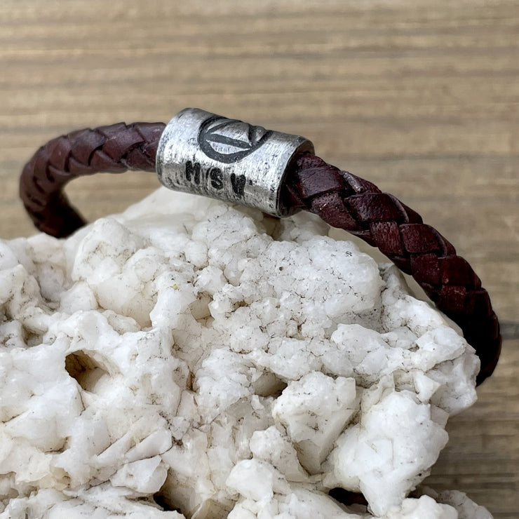 Custom Recovery Bracelet show with AA symbol and initials or sobriety date. Genuine Leather. 