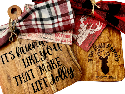 personalized engraved cutting board and tea towel gift set for men or women