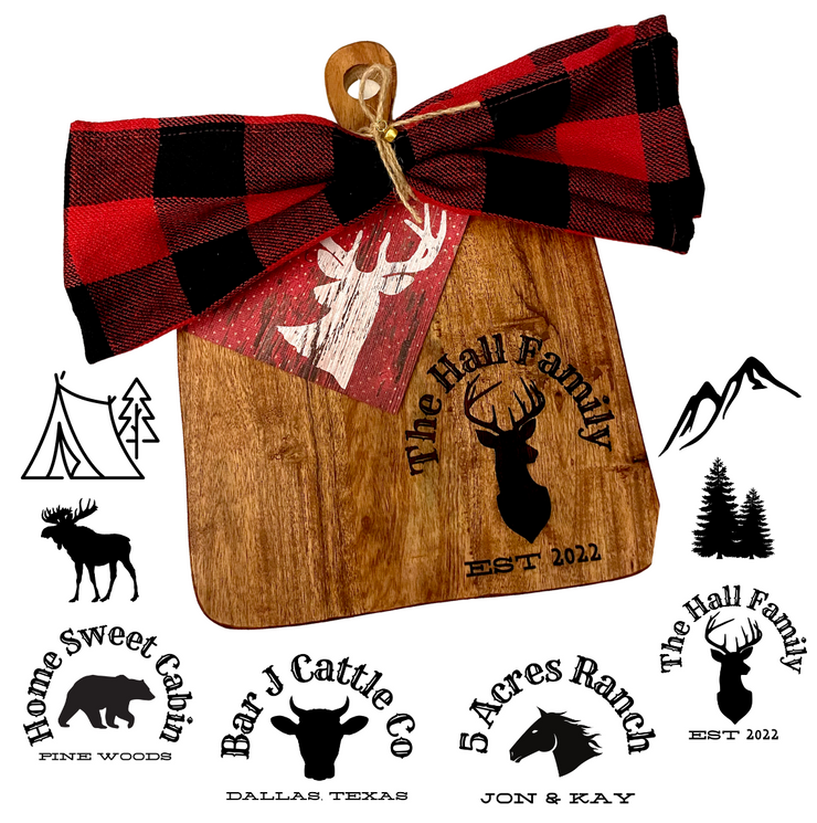 Outdoors Themed Cutting Board Gift Sets. Choose from Deer Buck with Antlers, Moose, Horse, Cow, Bear, Trees, Mountains or Camping Themes. Personalize with your words. 
