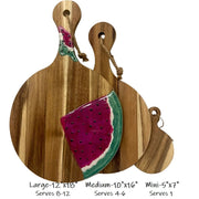 Custom Charcuterie Boards with personalized party theme in sized mini, small, medium and large. Round Cheese or Chopping Boards with Handle