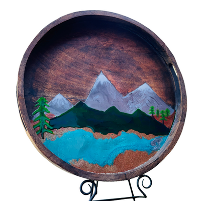 Decorative Large Mountain scene tray in wood and resin. 