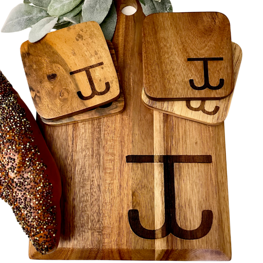 Personalized Monogram Charcuterie Cutting Board and Coasters Gift Set