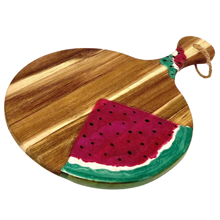 Watermelon Charcuterie Board, Wood and Resin Cutting Board, Resin and Wood Cheese Tray, Watermelon Party Decorations, Watermelon Themed Tray round with handle 