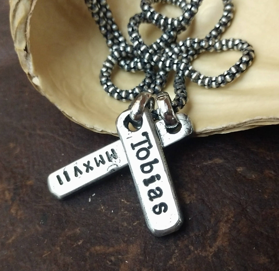 Personalized Heavy Sterling Silver Vertical Bar Pendant Necklace
